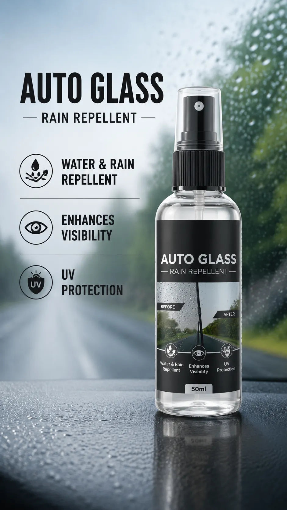 Rain Repellent Spray for helmets and car windshields